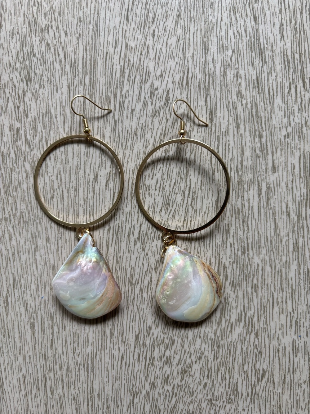 Hand Crafted Gold Tone Hoop Earrings with Iridescent Pearl Teardrops